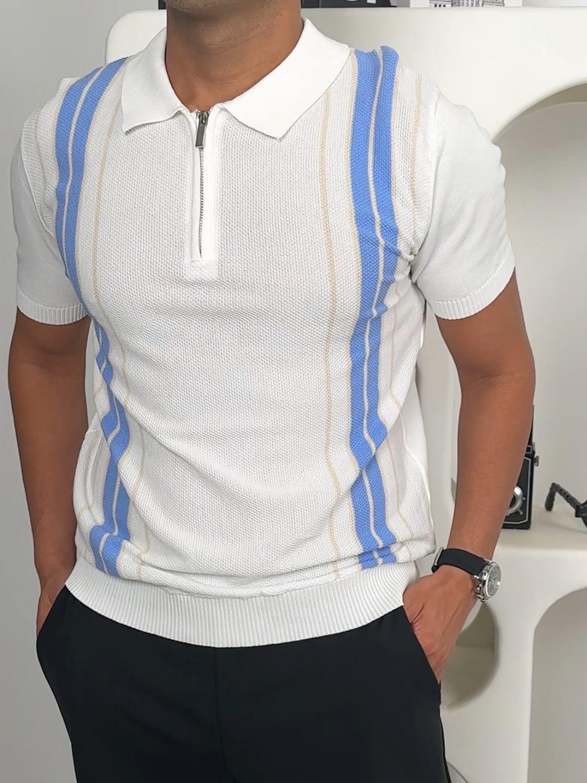 POLO T-SHIRT W/ZIPPER WHITE LINE BLUE LINES