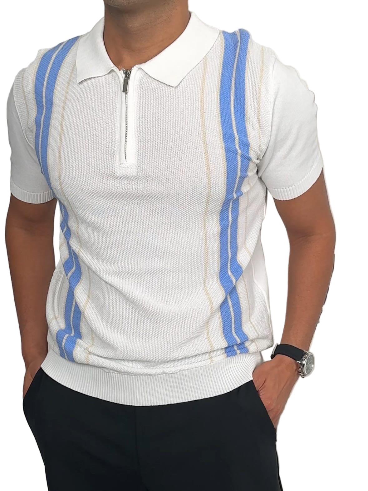 POLO T-SHIRT W/ZIPPER WHITE LINE BLUE LINES