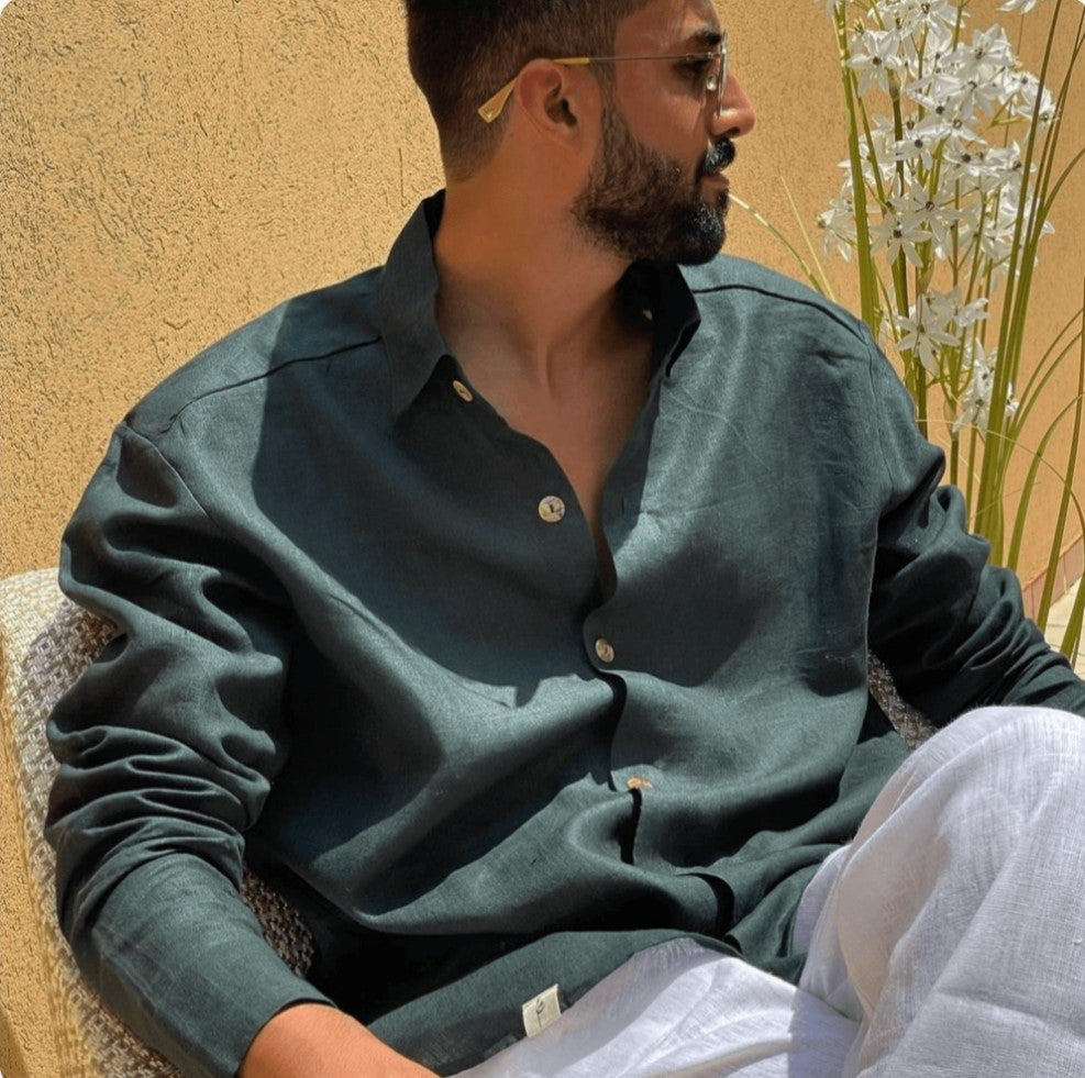 ALIA MEHDAR LINEN ARMY GREEN LS MEN رجال من الكتان باللون الأخضر ذو الأكمام الطويلة