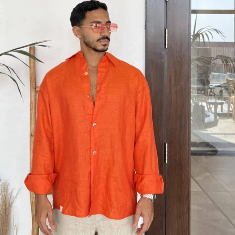 ALIA MEHDAR ORANGE LINEN LS MEN قميص برتقالي من الكتان بأكمام طويلة للرجال