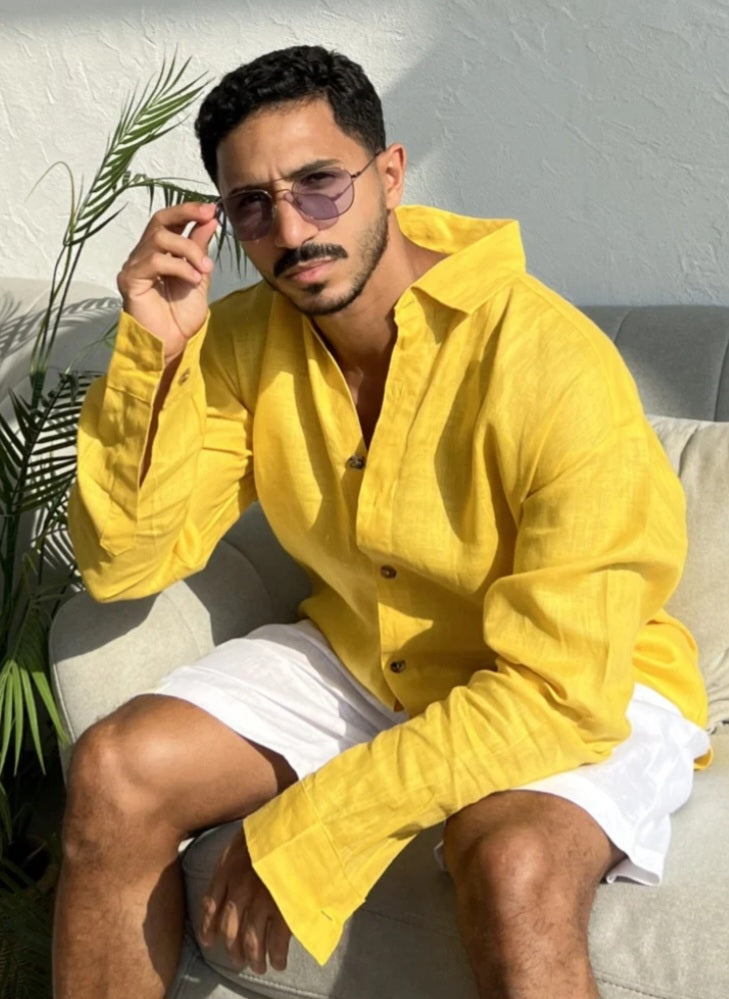 ALIA MEHDAR DARK YELLOW LINEN MEN LS قميص رجالي من الكتان الأصفر الداكن بأكمام طويلة