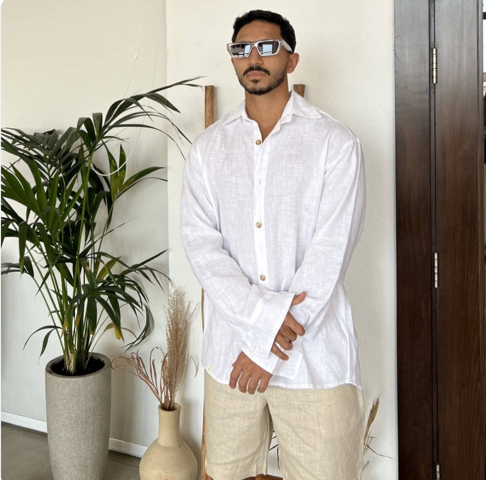 ALIA MEHDAR WHITE LINEN LS MEN قميص رجالي بأكمام طويلة من الكتان الأبيض