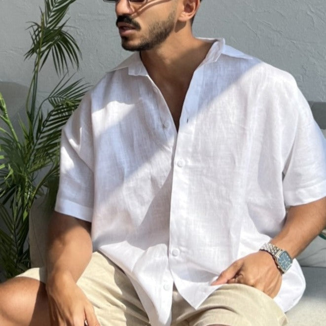 ALIA MEHDAR WHITE OVER SIZED LINEN MEN SS قميص كتان أبيض كبير الحجم للرجال بأكمام قصيرة