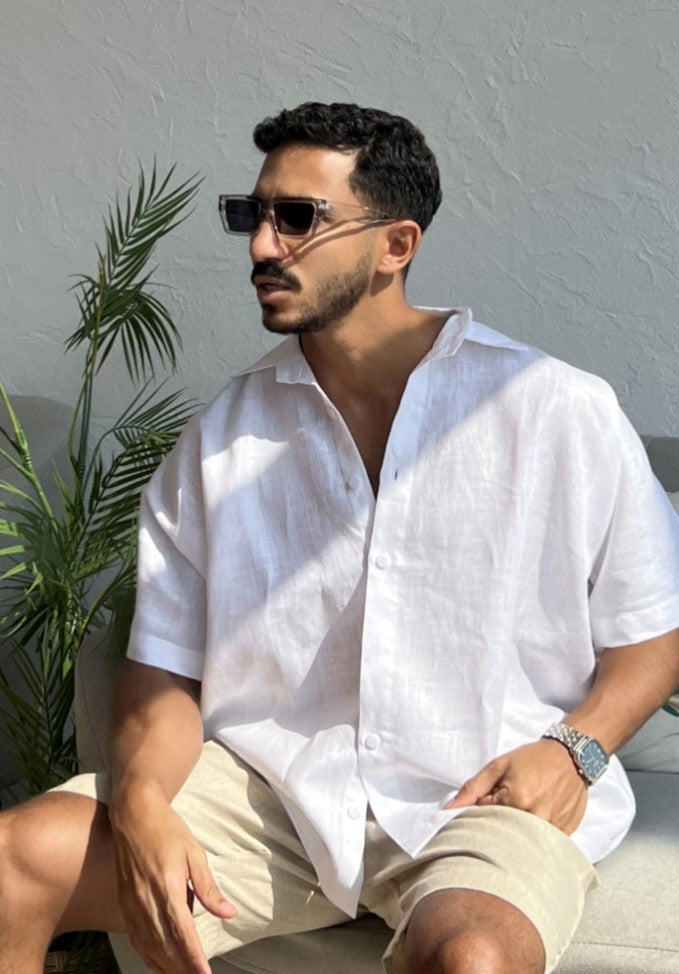 ALIA MEHDAR BEIGE OVERSIZED LINEN MEN SS قميص كتان رجالي بأكمام قصيرة ومقاس كبير