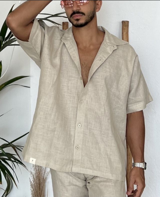 AM BEIGE OVERSIZED LINEN MEN SS قميص كتان رجالي بأكمام قصيرة ومقاس كبير