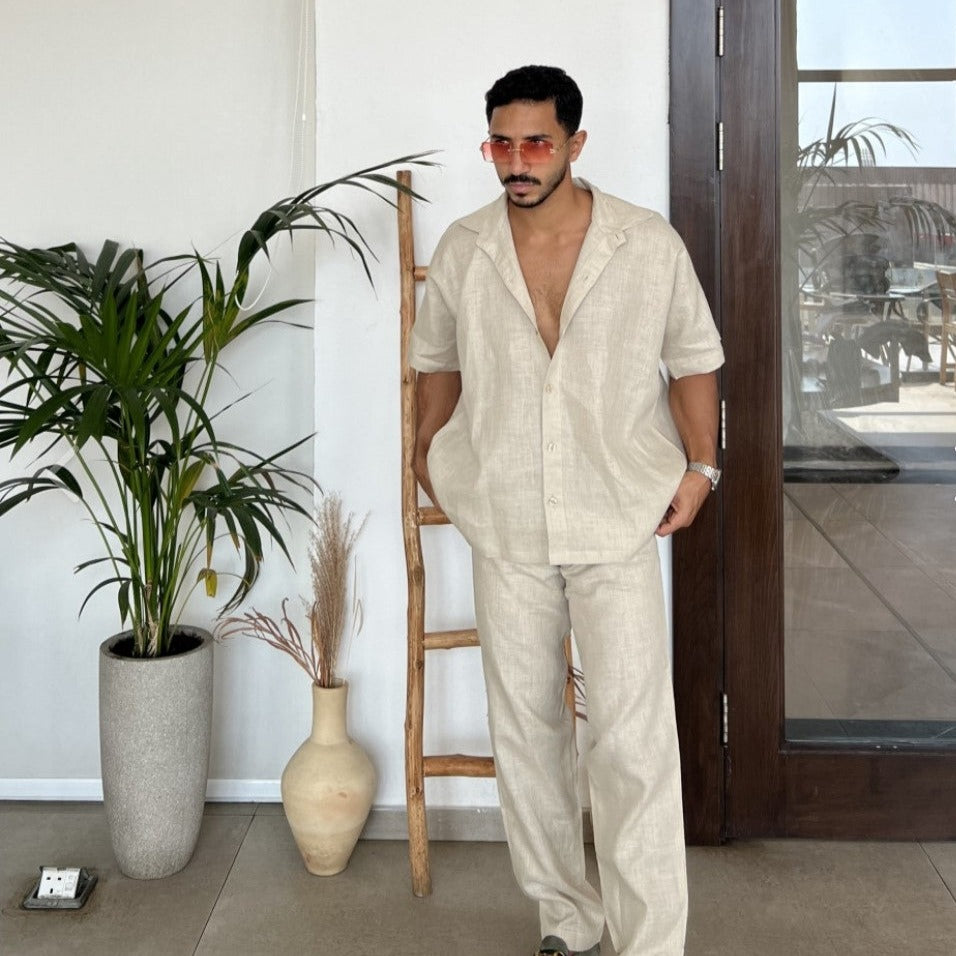 AM BEIGE OVERSIZED LINEN MEN SS قميص كتان رجالي بأكمام قصيرة ومقاس كبير