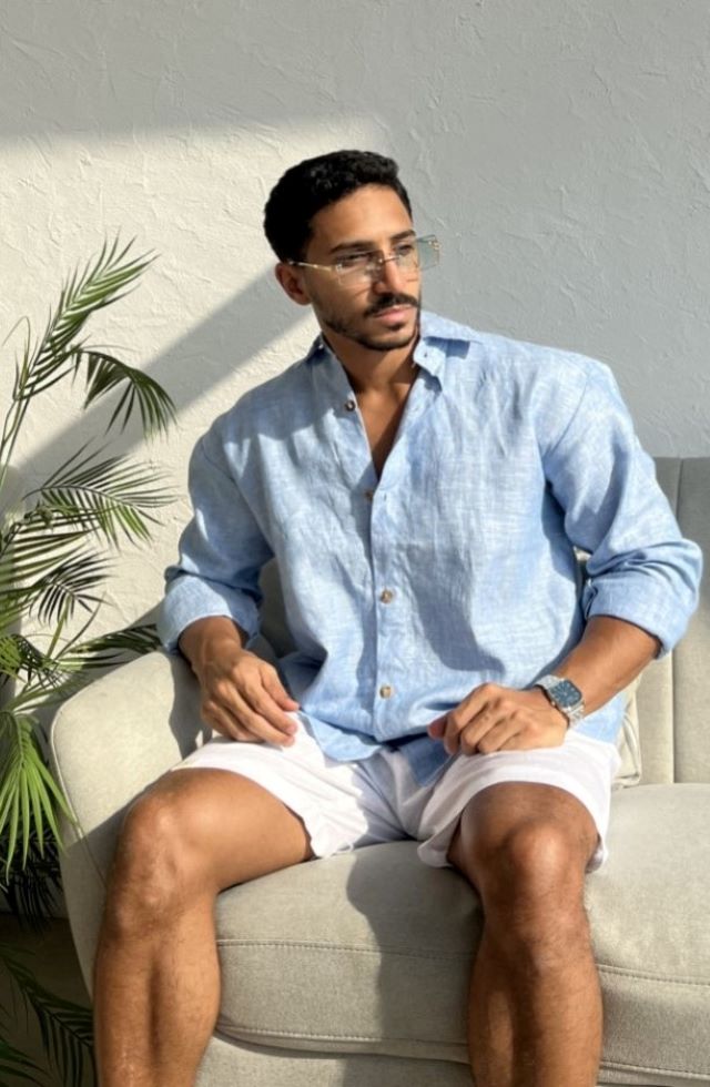 ALIA MEHDAR LINEN SKY BLUE LS MEN قميص كتان أزرق سماوي بأكمام طويلة للرجال