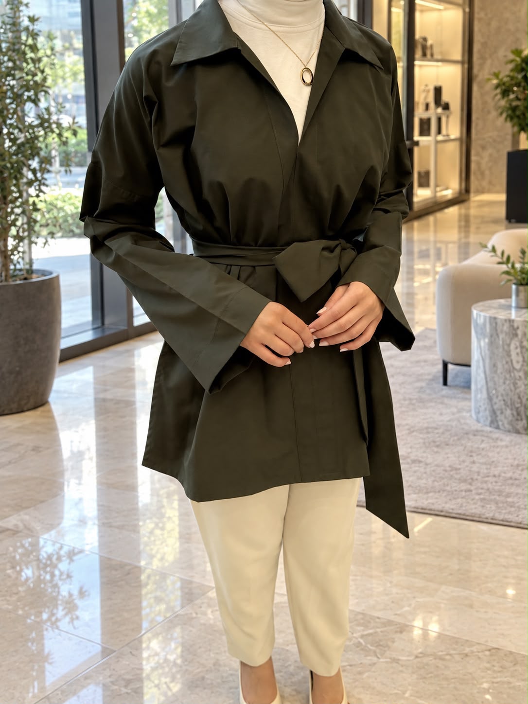 BELTED OLIVE WRAP TOP