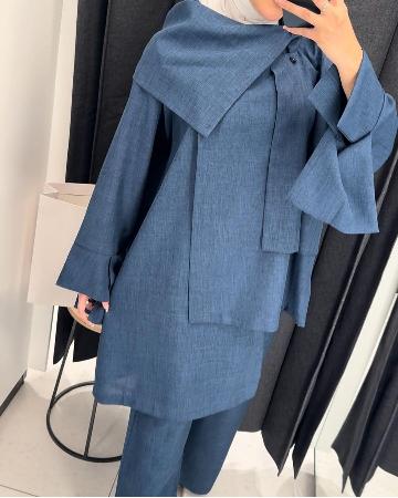 REEMSLINE HIGH COLLAR SET بدلة لنن ازرق