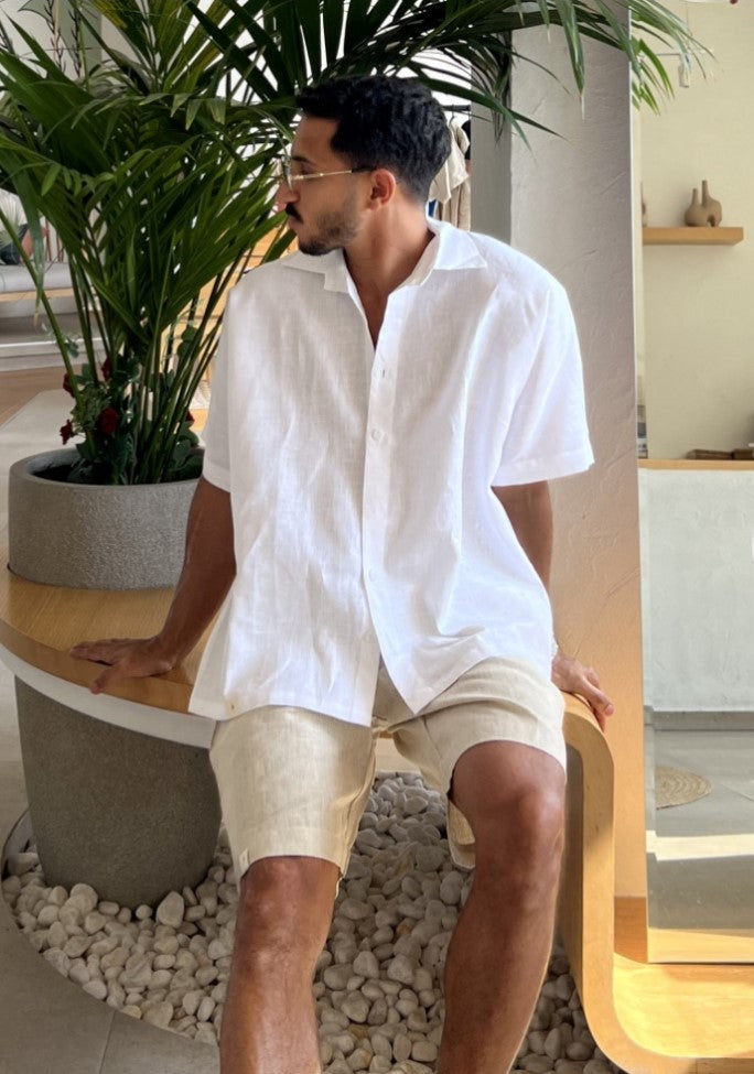 ALIA MEHDAR BEIGE OVERSIZED LINEN MEN SS قميص كتان رجالي بأكمام قصيرة ومقاس كبير